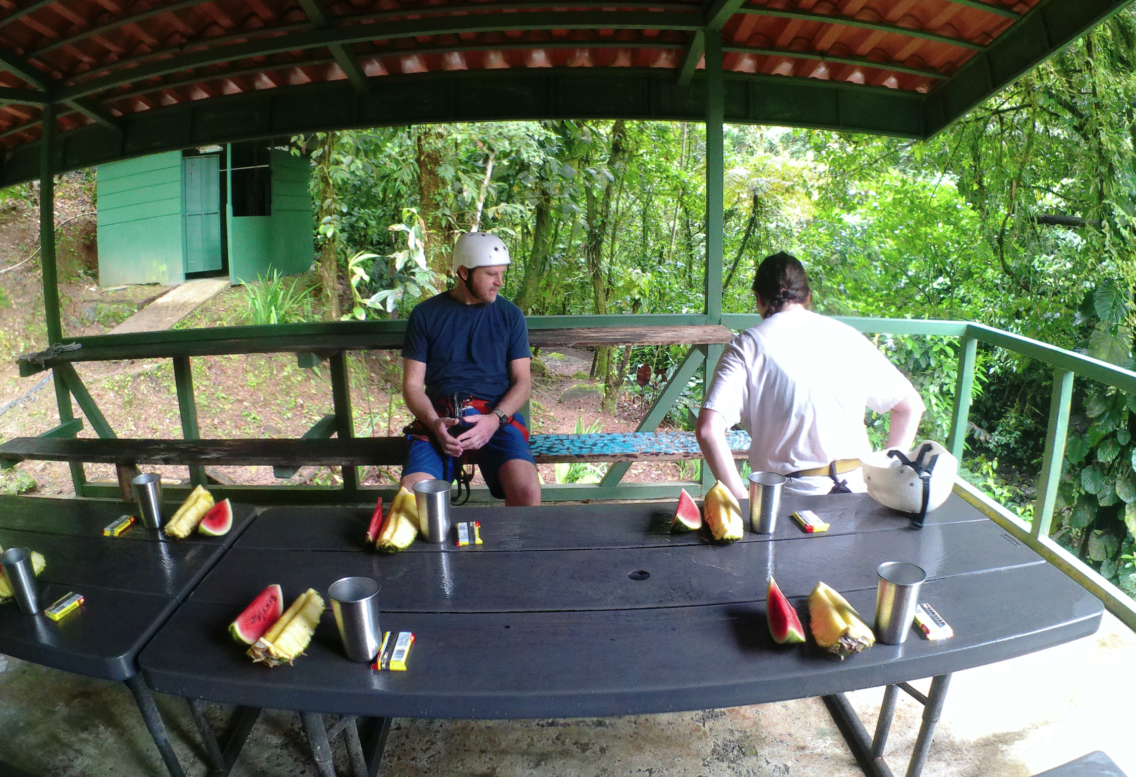 Picnic table with watermelon and pineapple after the run